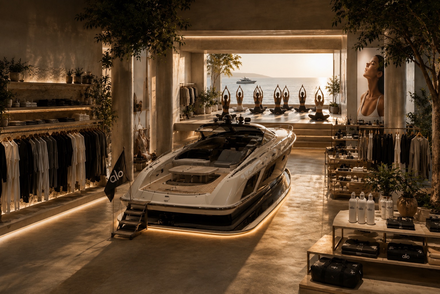 Concept visual of an Alo Wellbeing Sanctuary: a golden-hour store opening onto the sea, a yacht moored at its centre, apparel racks and a yoga class practising against the sunset