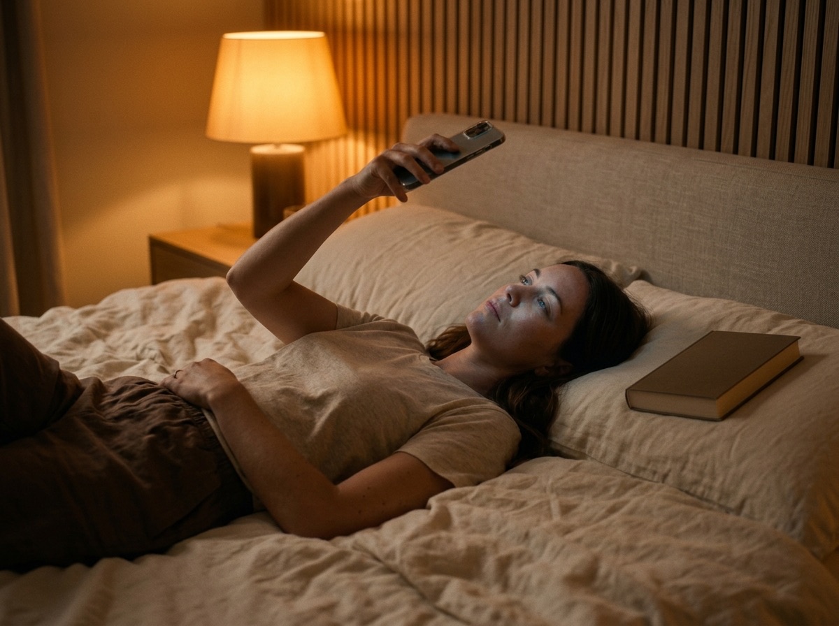A woman lying awake in bed at night, face lit by the phone she is holding above her