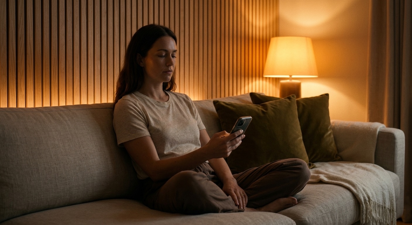 A woman sitting cross-legged on a sofa in a warm, lamplit room, looking down at a meditation app on her phone