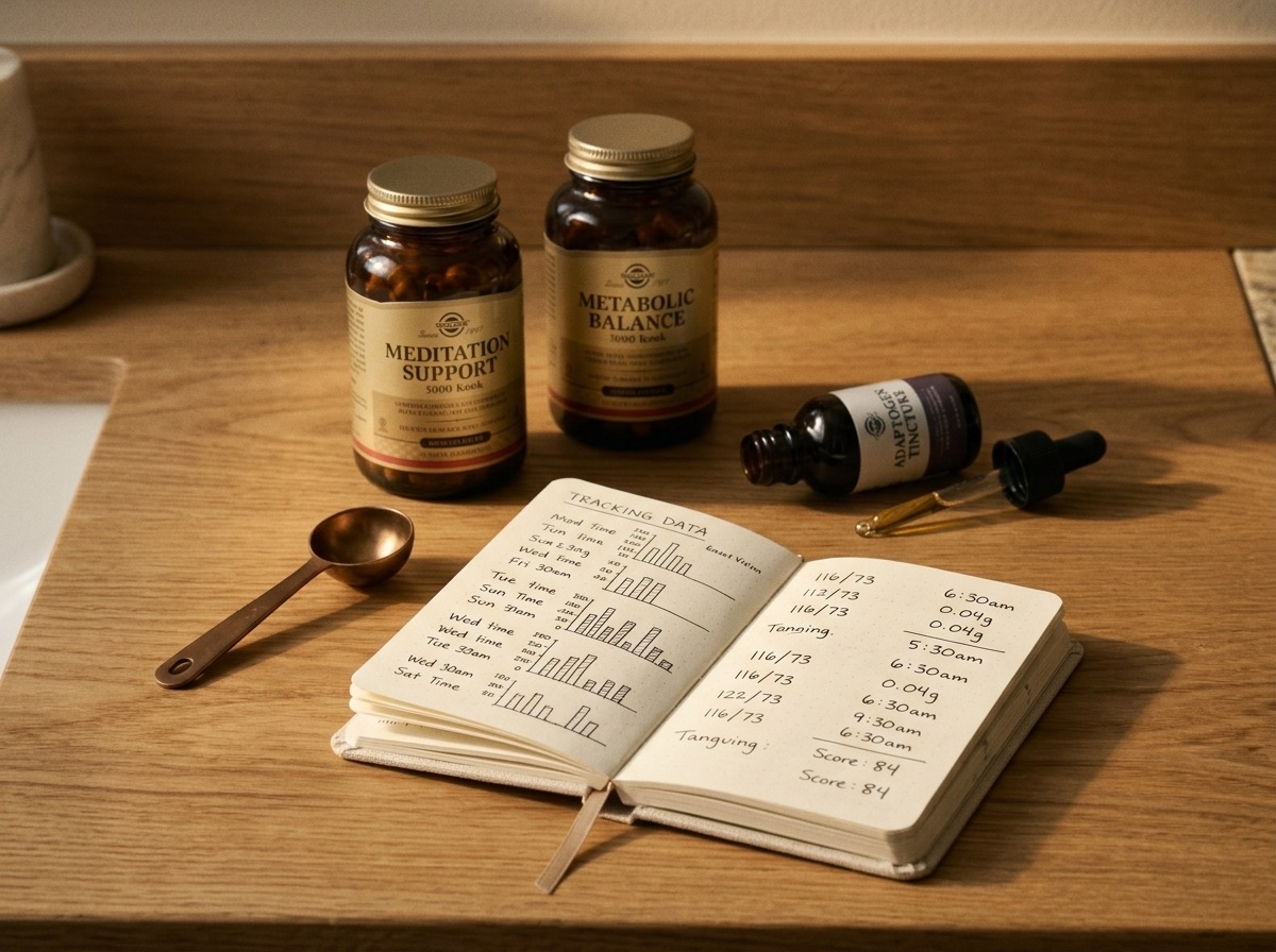Supplement bottles, a dropper and a measuring spoon beside a notebook of handwritten tracking data