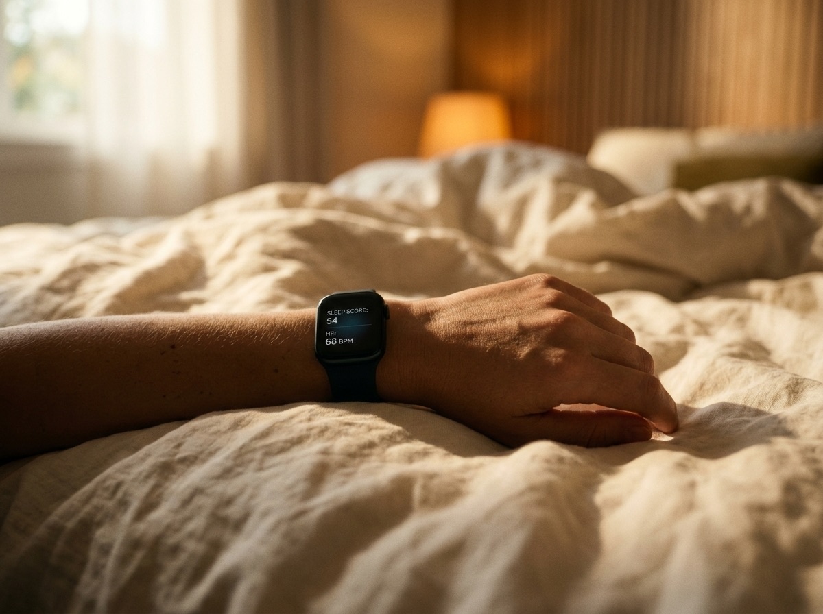 A hand resting on a bed at dawn, a smartwatch on the wrist showing a sleep score of 54