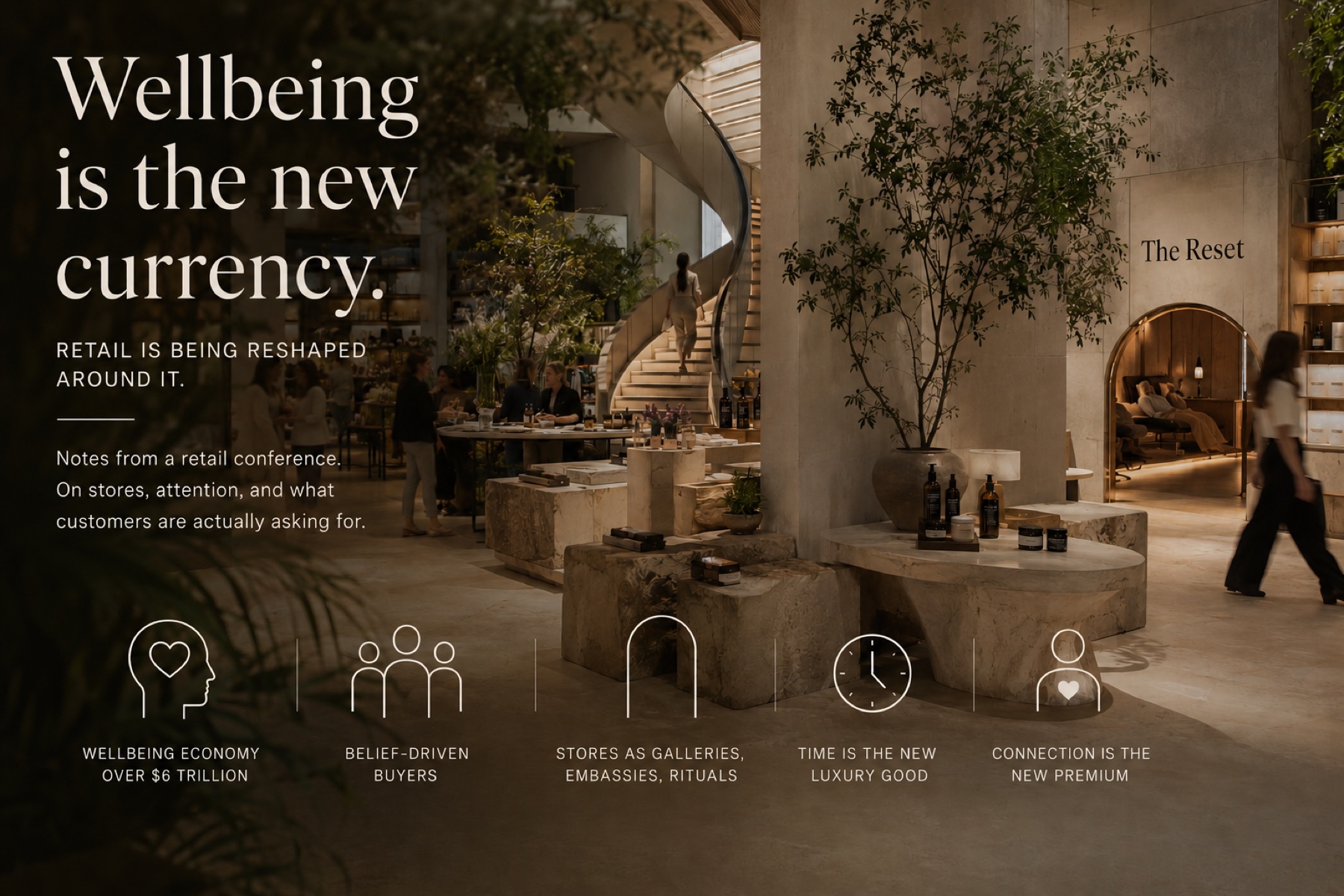 A wellbeing-led retail space with sculptural stone displays, greenery, and a guest entering an arched rest area called The Reset
