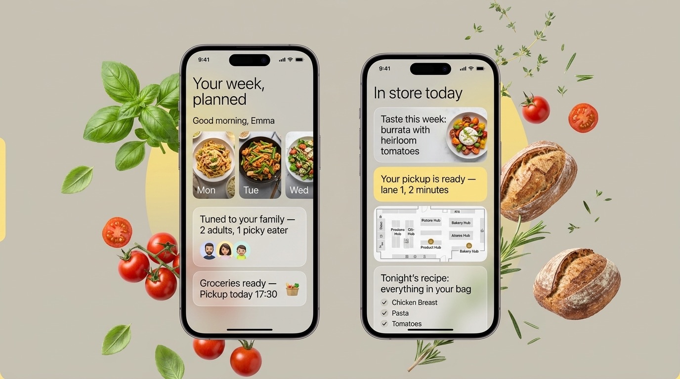 Concept screens for a supermarket app: one titled Your week, planned with a meal plan tuned to a family and a pickup time, the other titled In store today with a taste-this-week card, a pickup-ready notice and a map of hubs instead of aisles