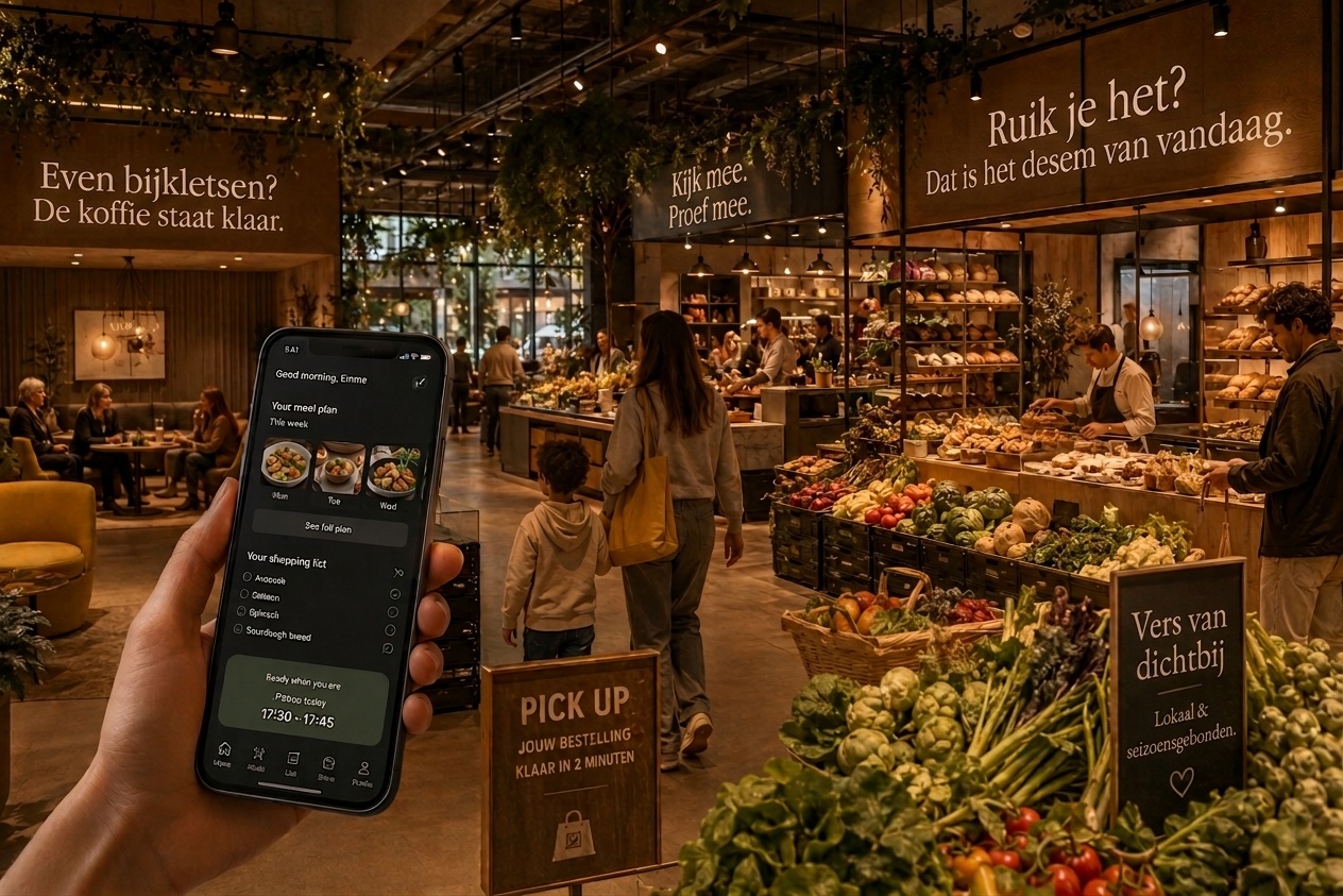 Concept visual of a warm neighbourhood supermarket: a hand holding a phone with a meal plan and pickup time, a coffee corner behind, an open bakery and a fresh produce table under signs reading Even bijkletsen? and Ruik je het?