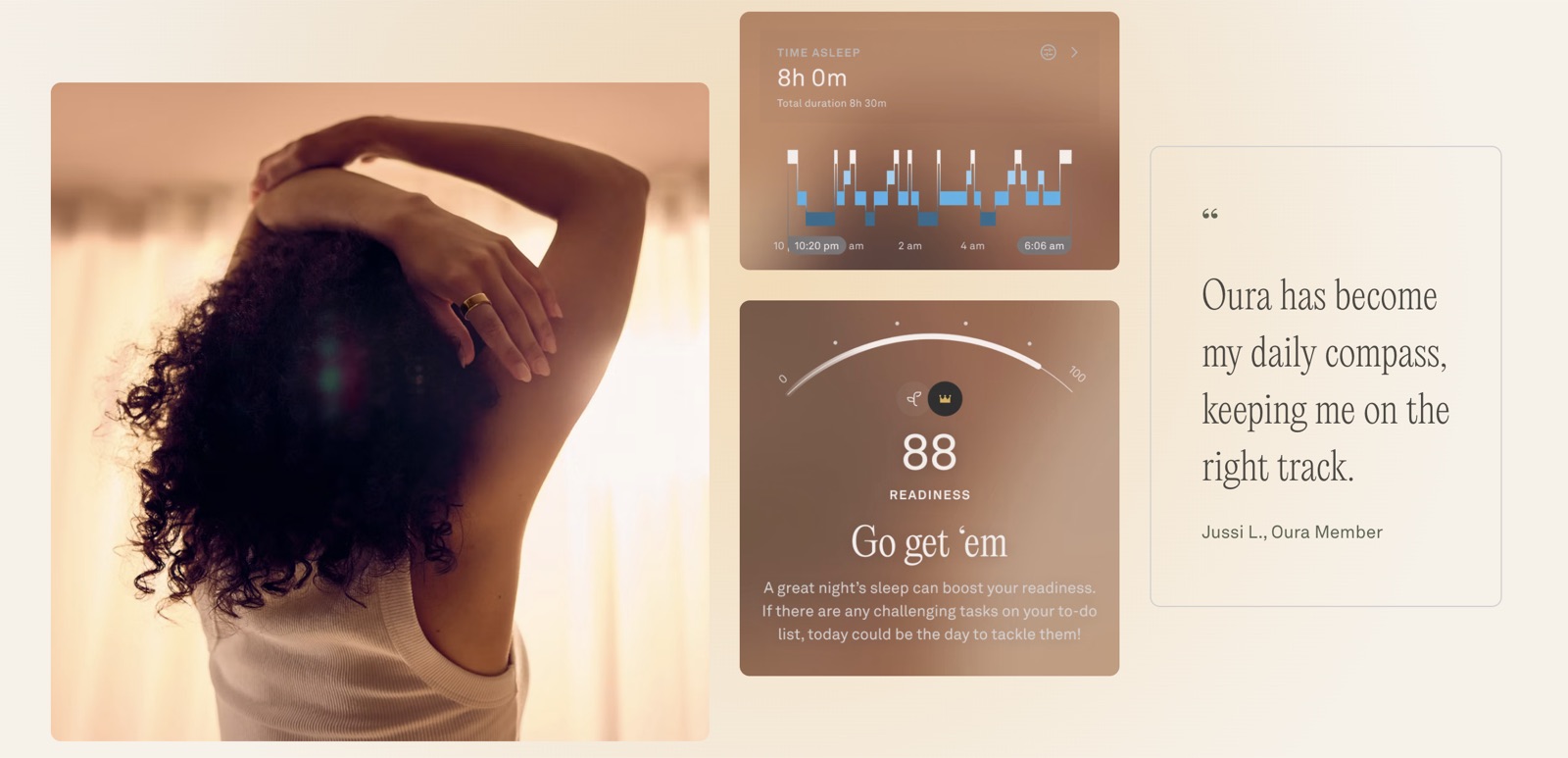 Ōura's own marketing: a sleep-duration graph, a readiness score of 88 captioned Go get em, and a member quote calling the ring a daily compass