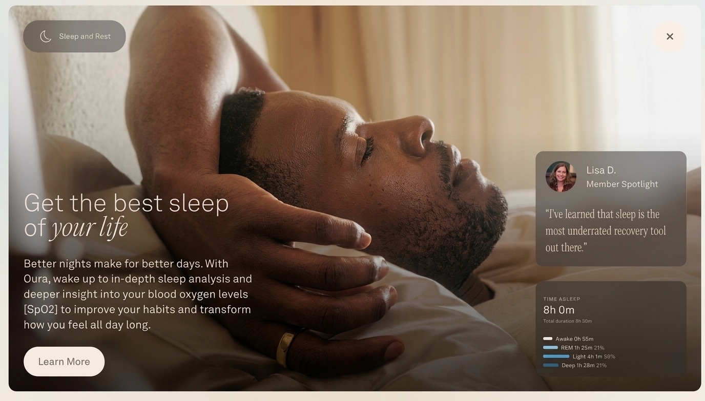 Ōura's website: a sleeping figure wearing the ring under the headline Get the best sleep of your life, beside a sleep-stage breakdown and a member quote